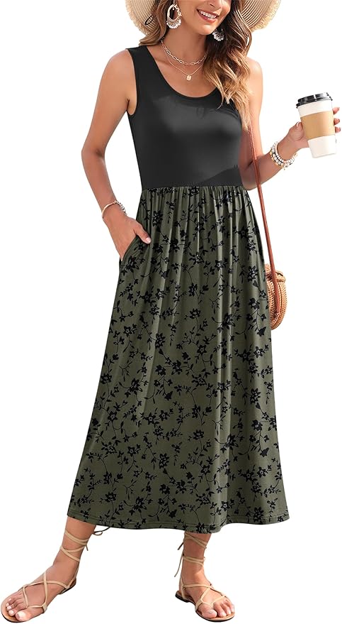 WNEEDU Women's Summer Maxi Dress 2026 Casual Sleeveless Hawaiian Sundress Tropical Long Dress Beach Vacation Outfit