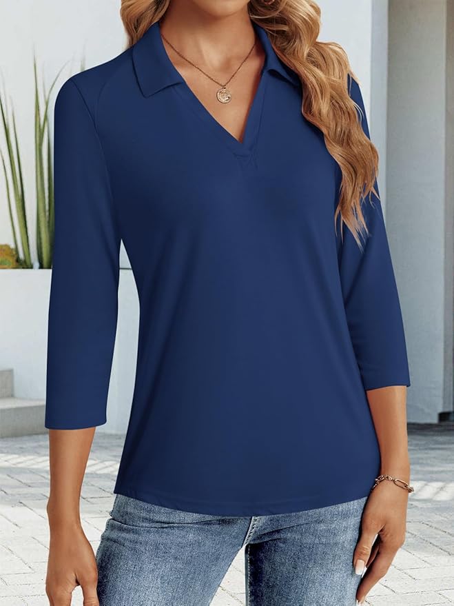 3/4 Length Sleeve Womens Tops Dressy Casual V Neck Polo Shirts Business Work Blouses 2025 Trendy Tunic Top