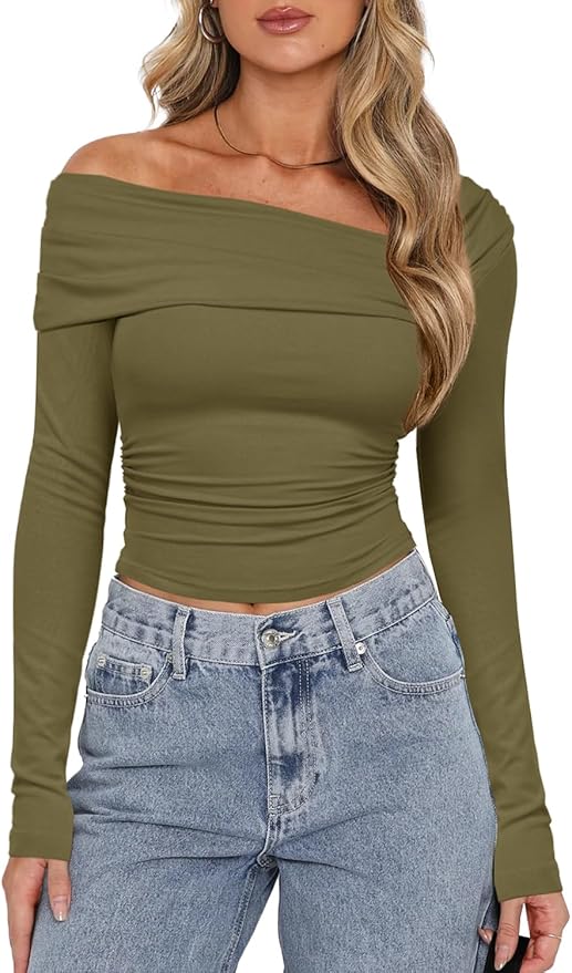 Darong Women's Off Shoulder Tops Y2K Shirt Slim Fit Ruched Crop Top Long Sleeves Spring Fall Blouse Going Out Shirt