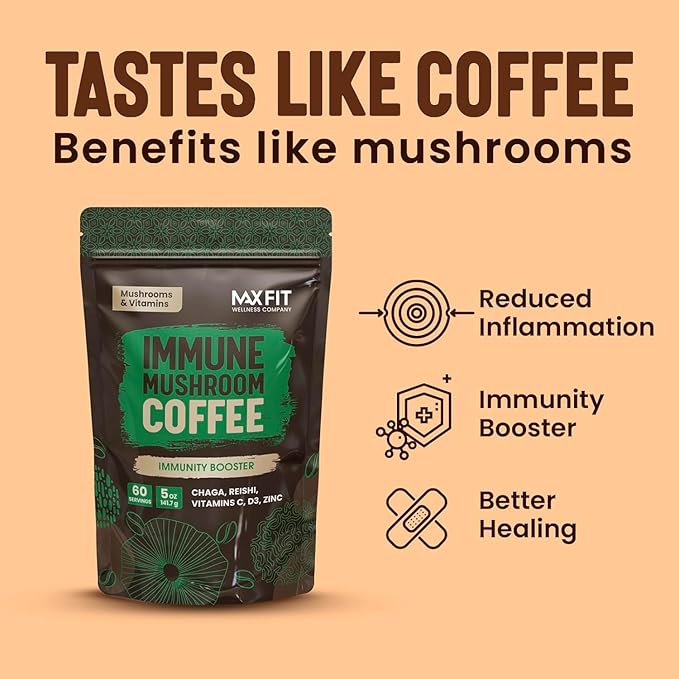 Immunity Mushroom Coffee (60 Servings) Mental Focus Plus Wellness Boost for Immune System Support - Chaga, Reishi & Vitamins C, D3, and Zinc, Mixed with Gourmet 100% Arabica Instant Coffee