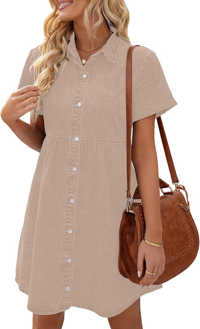 LookbookStore Women's Short Sleeve Button Down Flowy Tiered Babydoll Denim Dress