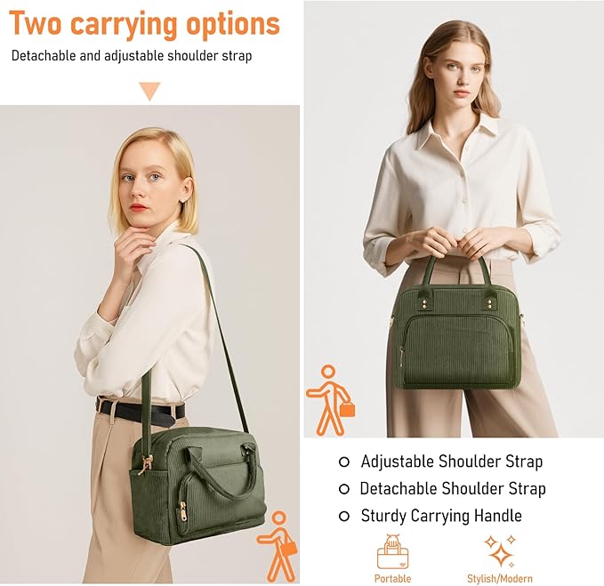 Lunch Bag Large Insulated Lunch Box for Women Men Adult Cute Green Lunchbox Corduroy Lunch Bags Boxes Pail with Adjustable Shoulder Strap for Work Mom Picnic Office Travel 11.4×6.8×9.1 inches 11.5L