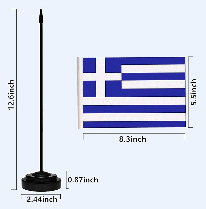 USA American & Greece Greek Desk Flags, US Greece Office Table Flag, Small Mini Miniature Greek and US Desktop Flag With 13" Solid Black Pole, Black Base