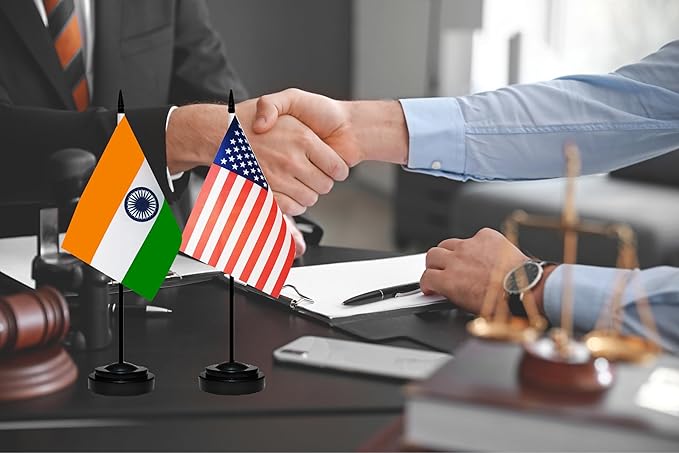USA American & India Indian Desk Flags, US India Office Table Flag, Small Mini Miniature Indian and US Desktop Flag With 13" Solid Black Pole, Black Base