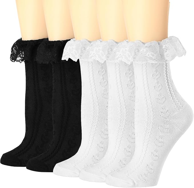 BIVOLU Womens Crew Socks Lace Ruffle Frilly Cotton Cute Princess Ankle Dress Socks for Girl 5 Pack