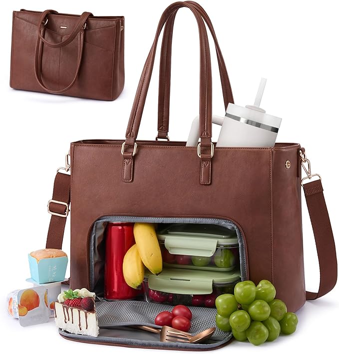 LOVEVOOK Lunch Tote Bag for Women, 3 in 1 Work Bag with Leakproof Cooler Compartment, Laptop Bag with Large Cup Holder for Office, College, Casual, Retro Brown