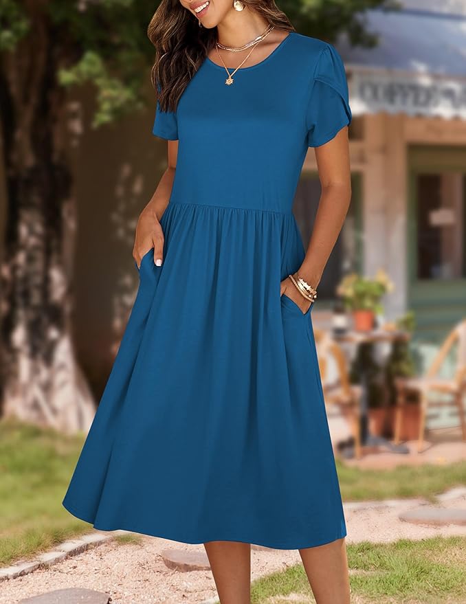 HOTOUCH Women's Summer A-Line Midi Dresses 2026 Casual Floral Short Sleeve T-Shirt Dress Flowy Beach Sundress with Pockets
