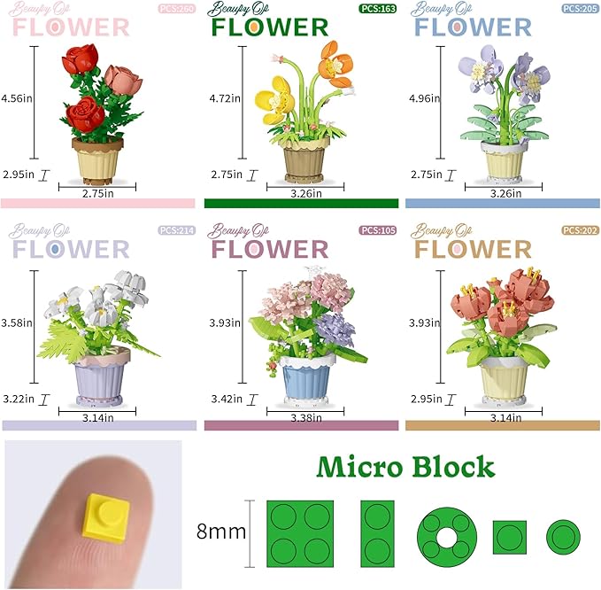 PQKIE 12 Pcs Flowers Bouquet Building Set,2531 Pcs Flower Botanical Collection Building Block Toy,Micro Plant for Home or Office Decor, Mother's Day Valentine Christmas Birthday Gifts for Adults,Girls