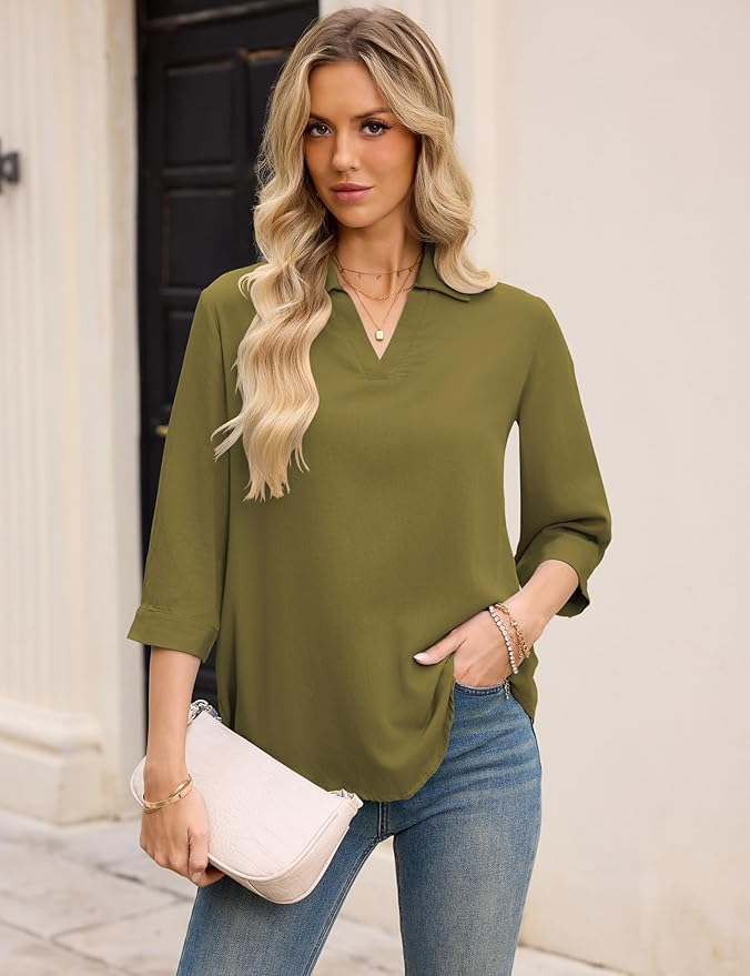 LOMON Womens 3/4 Sleeve Tops V Neck Cotton Linen Work Blouse Polo Shirts for Women Business Casual 2026