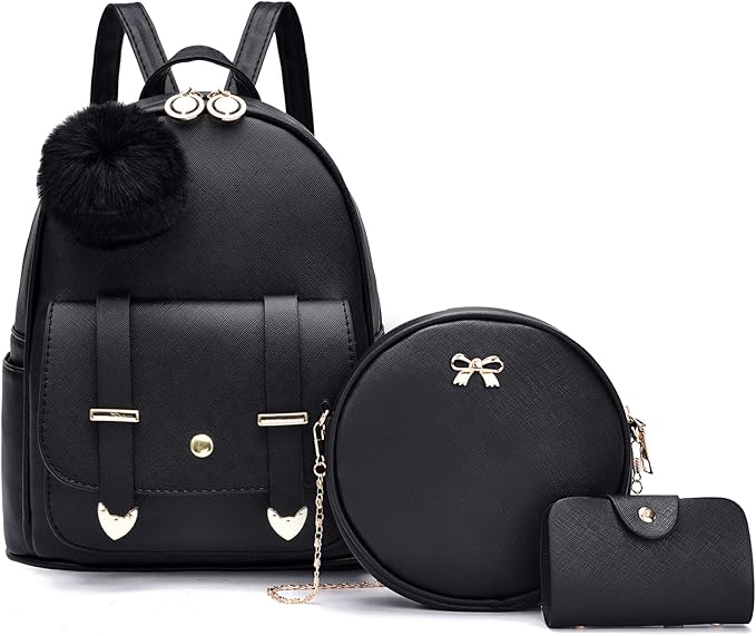 I IHAYNER Mini Backpack Purse for Teen Girls 3-PCS Fashion Backpack Cute Travel Daypacks Women Pompom Backpack Shoulder Bag