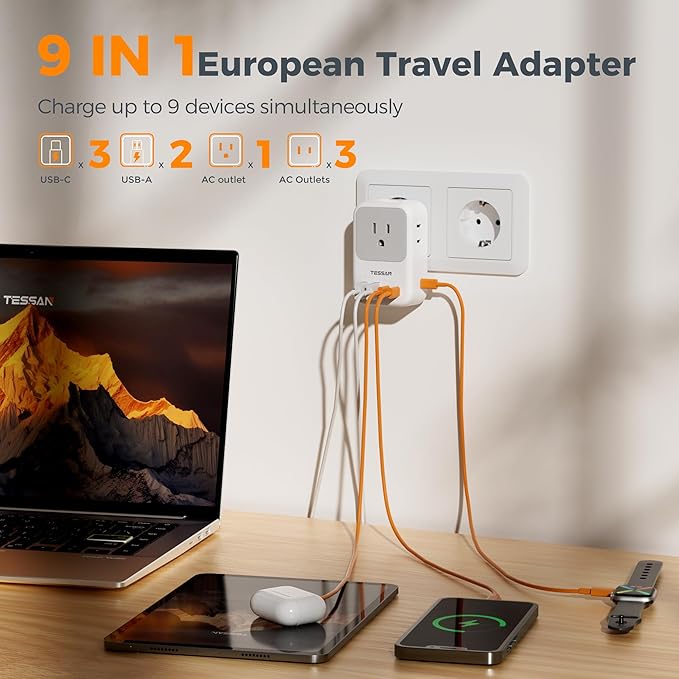 TESSAN European Travel Plug Adapter 2-Pack, US to EU Outlet Adaptor with 4 AC Outlets & 5 USB Ports (3 USB-C 28W), Type C Power Adapter for Italy France Germany Spain Greece Iceland