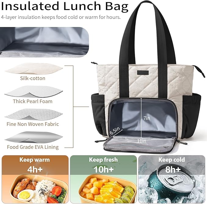 Puffer Lunch Tote Bag for Women, 15.6 Inch Laptop Work Bag with Insulated Lunch Compartment & Large Cup Holder, Lightweight Quilted Puffy Lunch Box Purse for Teacher Nurse Travel Office Daily School