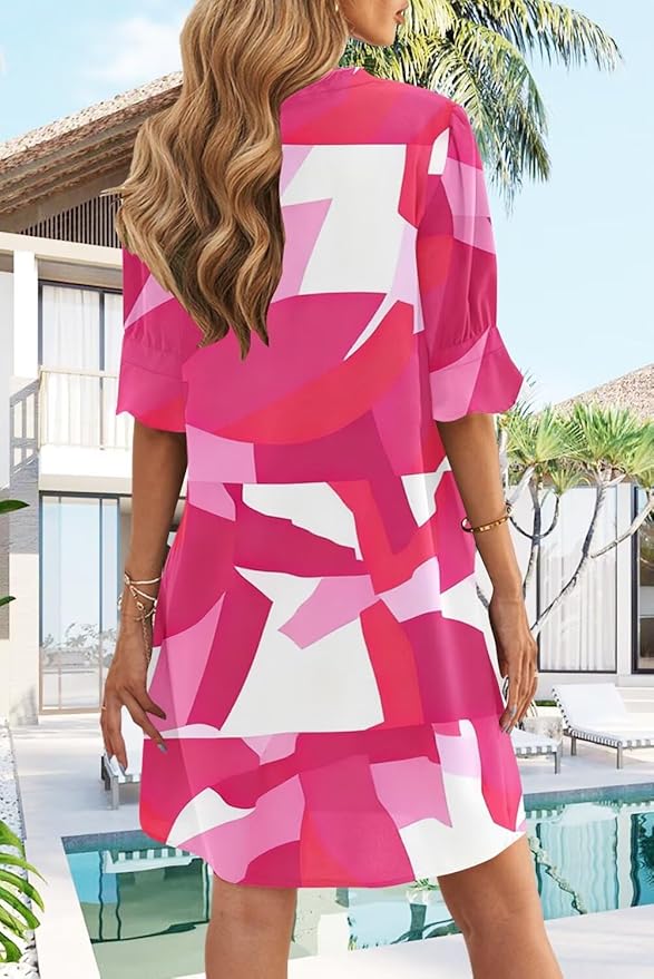QACOHU Summer Dresses for Women V Neck Ruffle Short Sleeve Casual Shift Dress