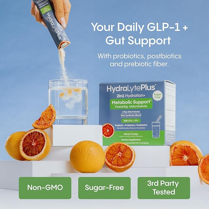 Hydralyte GLP-1 Metabolic Support - Weight Loss Management and Gut Health - 5in1 Probiotic Blend - Akkermansia Muciniphila + Prebiotic Fiber + Electrolytes - Sugar Free (30 Packets)