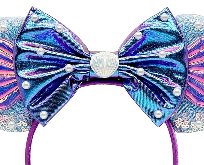 WW-WONDERFULWORLD Mouse Ears Headbands With Shiny Sequins and Exquisite Shell & Pearl Decoration, for Girls Costume Cosplay Glitter Party, Purple+Blue; BK-L