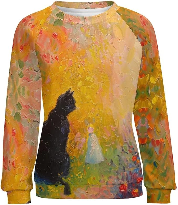 Spatofa Womens novelty funny cat printed crewneck sweatshirt casual loose long sleeve graphic pullover sweatshirts tops