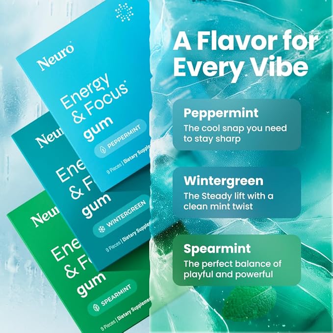 Neuro Variety Pack Gum - Energy & Focus Gum (Peppermint, Spearmint, Wintergreen) - Nootropic Supplement with Natural Caffeine + L-Theanine for Brain Health - Sugar Free, Vegan - 54 ct, 6 Pack