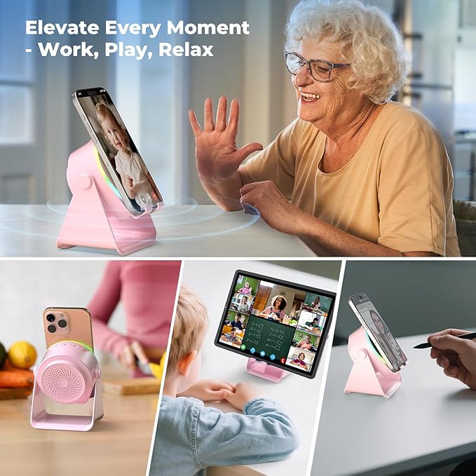 Wireless Induction Speaker, 4 in1 Phone Stand Bluetooth Speaker Amplifier with Colorful Ambient Light 360° Rotation Holder for Tablet iPhone Android,Portable Birthday Gifts for Adults Teens (Pink)