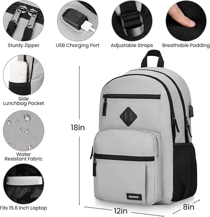 BIKROD Backpack for Men and Women, Lightweight Casual School Backpack for Teens Boys and Girls, Daily-use Travel Laptop Backpack with USB Charging Port Fits 15.6 Inch Notebook, High School Bookbag