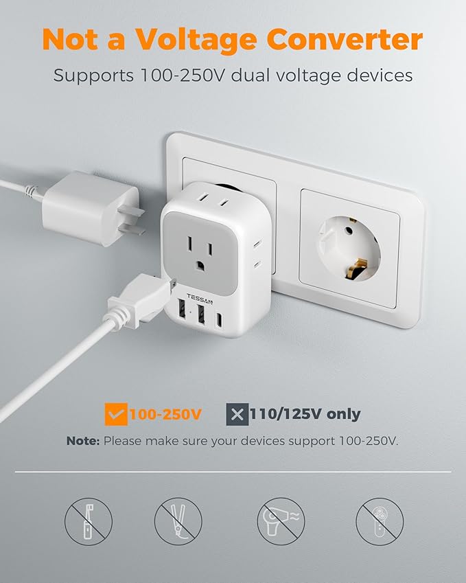 2 Pack European Plug Adapter USB C, TESSAN US to Europe Adapter 4 Outlets 3 USB Charger, Type C International Power Adaptor to Italy Spain France Portugal Iceland Germany, Europe Travel Essentials