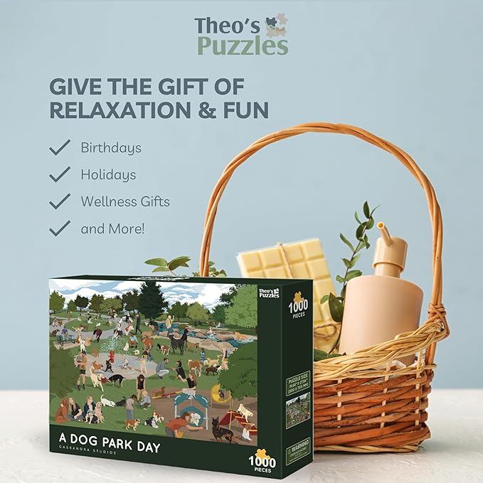 Theo's Puzzles 1000 Piece Puzzle for Adults, Dog Park Puzzles - Smooth Edged, High Resolution Puzzle; Matte Finished, Zero Dust Jigsaw Puzzle Animal Puzzle