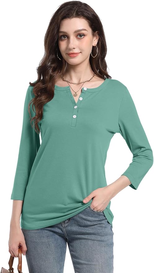 PGANDS Women's 3/4 Length Sleeve T Shirts Button Down Scoop Neck Casual Tops