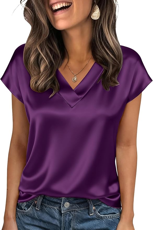 Zeagoo Women Silk Satin Tops Cap Short Sleeve Blouse V Neck Shirts Business Casual Outfits S-2XL