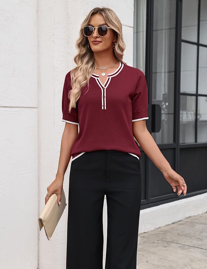 Zeagoo Women's Short Sleeve Sweater 2026 Spring Summer Tops Lightweight Casual V Neck Sweaters Dressy Work Blouses Clothes