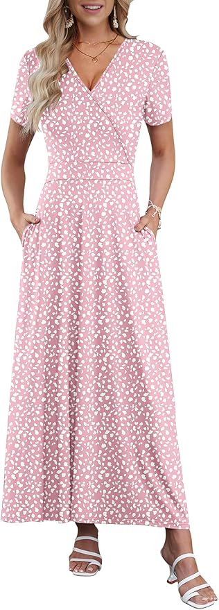 AUSELILY Maxi Dresses for Women Ankle Length Floral Print Beach Long Flowy Dress with Pockets