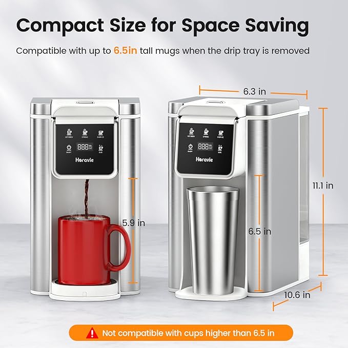 Horavie Single Serve Coffee Maker for K-Cup Pod and Grounds, Hot and Iced Coffee Maker, Strong Button Feature, 6 to 14oz Brew Sizes, 50oz Removable Reservoir, Fit 6.5" Mugs, Stainless Steel, White