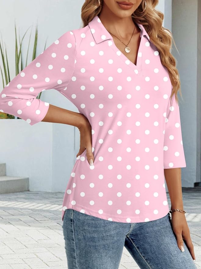 3/4 Length Sleeve Womens Tops Dressy Casual V Neck Polo Shirts Business Work Blouses 2025 Trendy Tunic Top