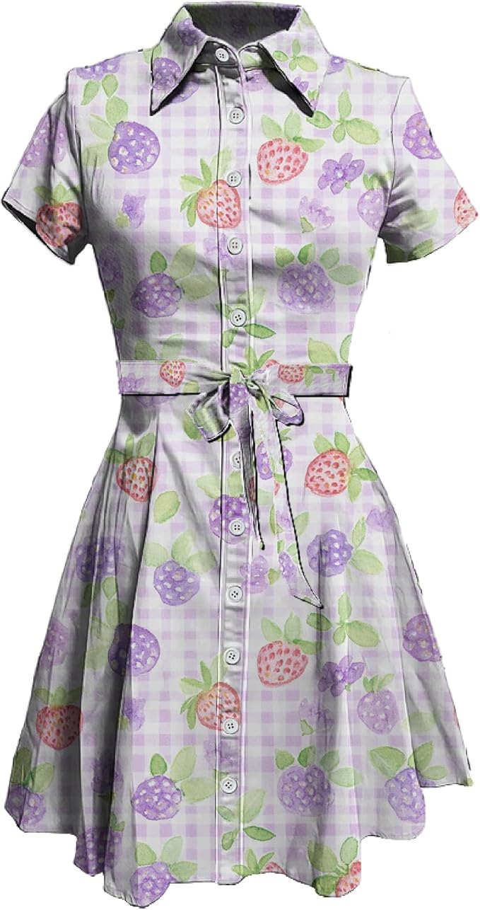 MARSVOVO Cute T Shirt Dress for Women Short Sleeve Button Up Tie Waist Elegant Casual Collared Smocked Midi Dress