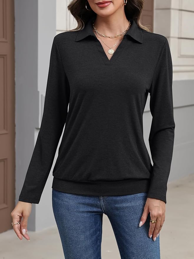Womens Polo Shirts Long Sleeve Banded Bottom Tops Business Casual Tops Collared V Neck Blouses
