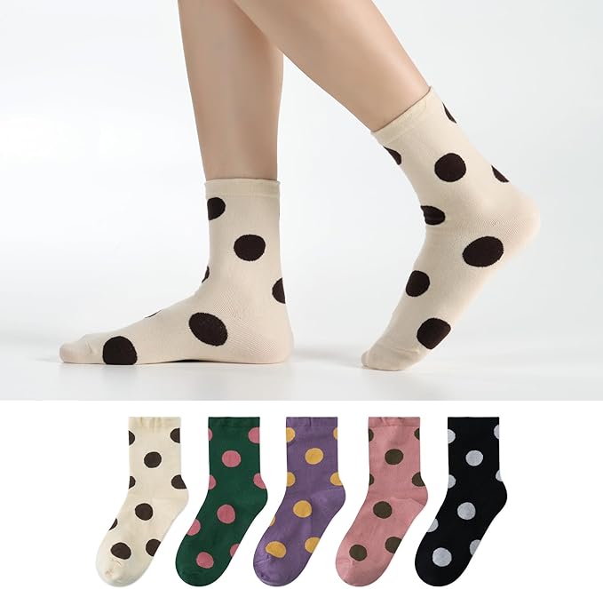 Kikiya Women's Cotton Crew Socks - Cute Flower Graphic Polka Dot Striped Heart Patterned - Ladies Girls Casual Socks Size 6-8