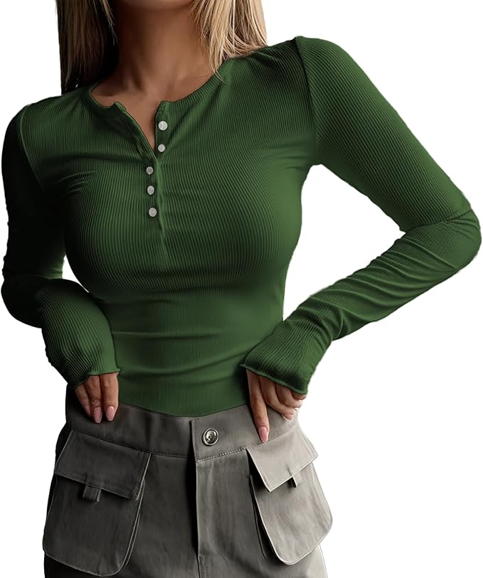 MARSVOVO Fashion Crop Tops for Women Scoop Neck Button Comfy Ribbed Slim Fit Cute Shirts Casual Party Fall Tops