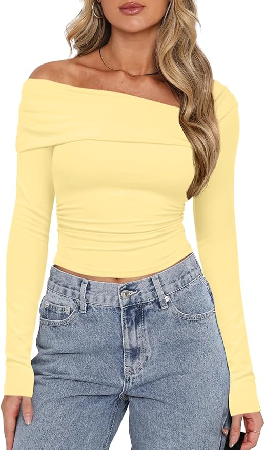 Darong Women's Off Shoulder Tops Y2K Shirt Slim Fit Ruched Crop Top Long Sleeves Spring Fall Blouse Going Out Shirt