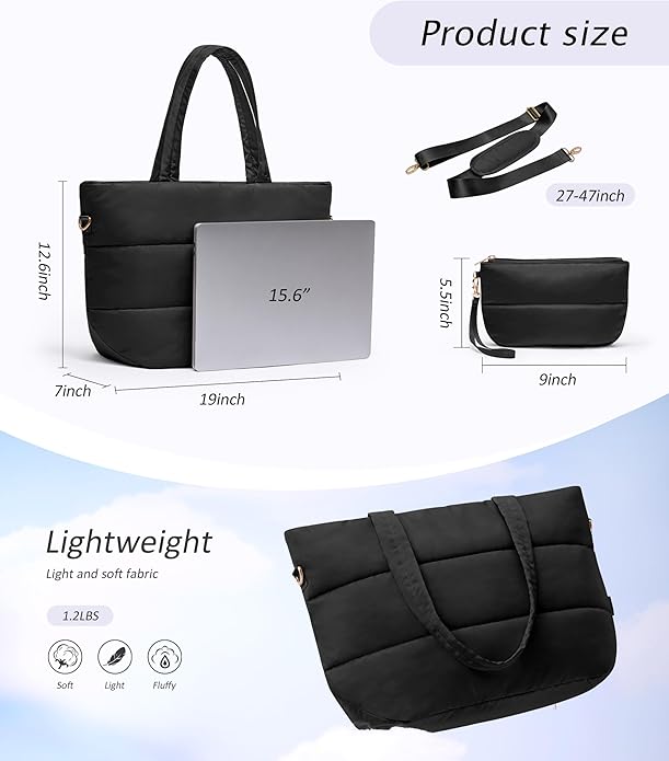 Puffer Tote Bag for Women, Lightweight Puffy Tote with Compartments, Shoulder Bag Crossbody Bags for Women Travel, Work, Gym