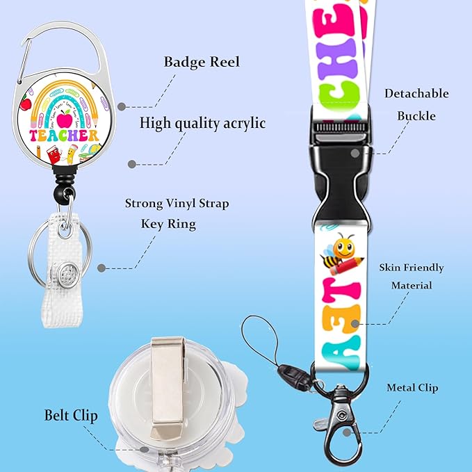 Lanyard for ID Badge Holder Badge Reel Rainbow School Teacher for Man Women Cute Nurse Teacher Name Tag Clip Retractable Keychain Heavy Duty Work Office Gifts Accessories
