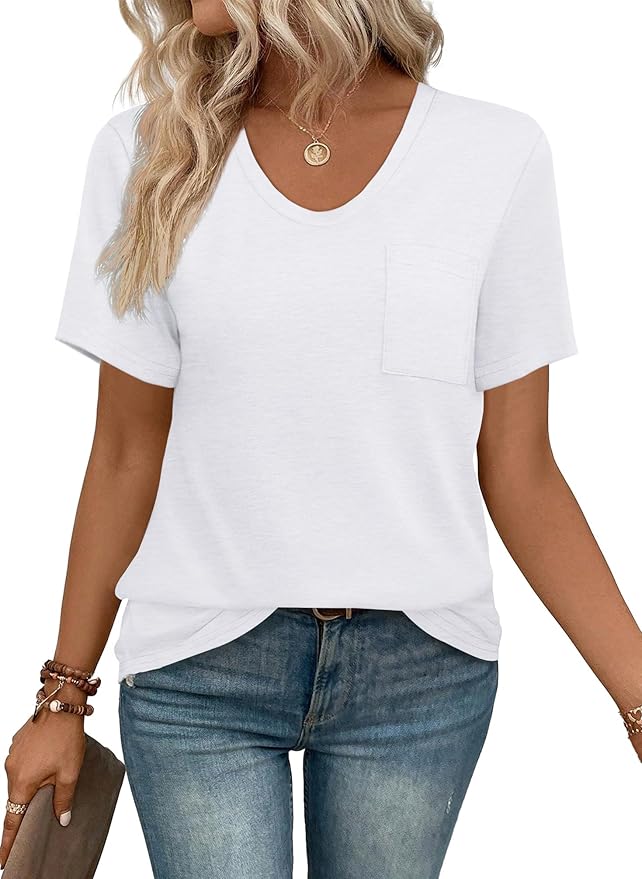 WIHOLL Women Summer T Shirts Short Sleeve Rounded V Neck Pocket Tee Tops