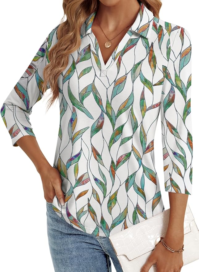 3/4 Length Sleeve Womens Tops Dressy Casual V Neck Polo Shirts Business Work Blouses 2025 Trendy Tunic Top