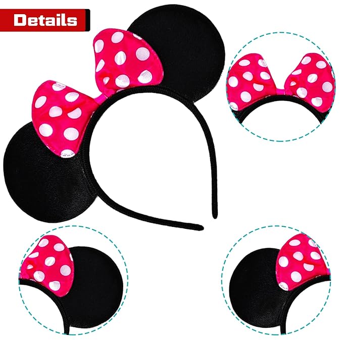 MADO 2 pack mouse ears headbands for adults women little girls boys (black fuchsia polla dot, onesize)