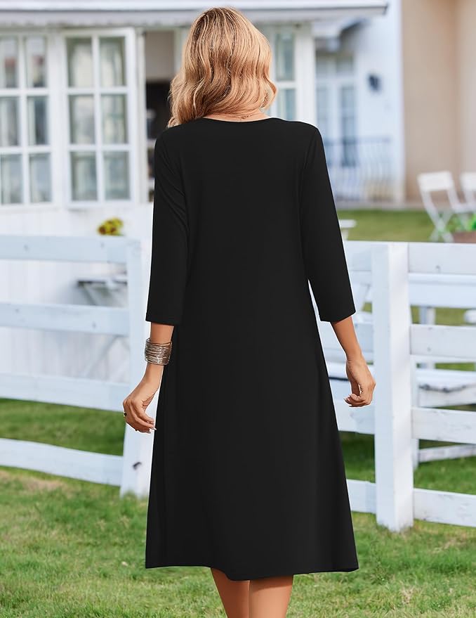 ZEAGOO 3/4 Sleeve Women's Dress Casual Flowy A-Line Midi Tshirt Dresses with Pocket Empire Waist Summer Boho Beach Sundress