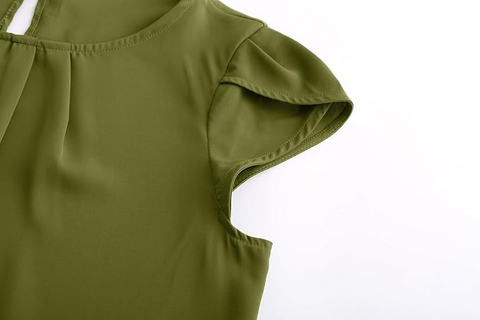 TASAMO Women's Casual Round Neck Basic Pleated Top Cap Sleeve Curved Keyhole Back Chiffon Blouse