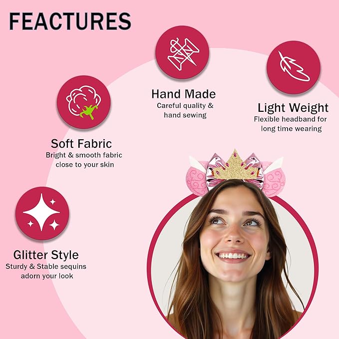 zhezesmila Mouse Ears Headband with Shiny Sequins with Bow & Crown Princess Ears Headband for Women Party Costume Trip Essentials
