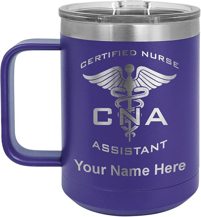 LaserGram 15oz Vacuum Insulated Coffee Mug, CNA Certified Nurse Assistant, Personalized Engraving Included (Dark Purple)