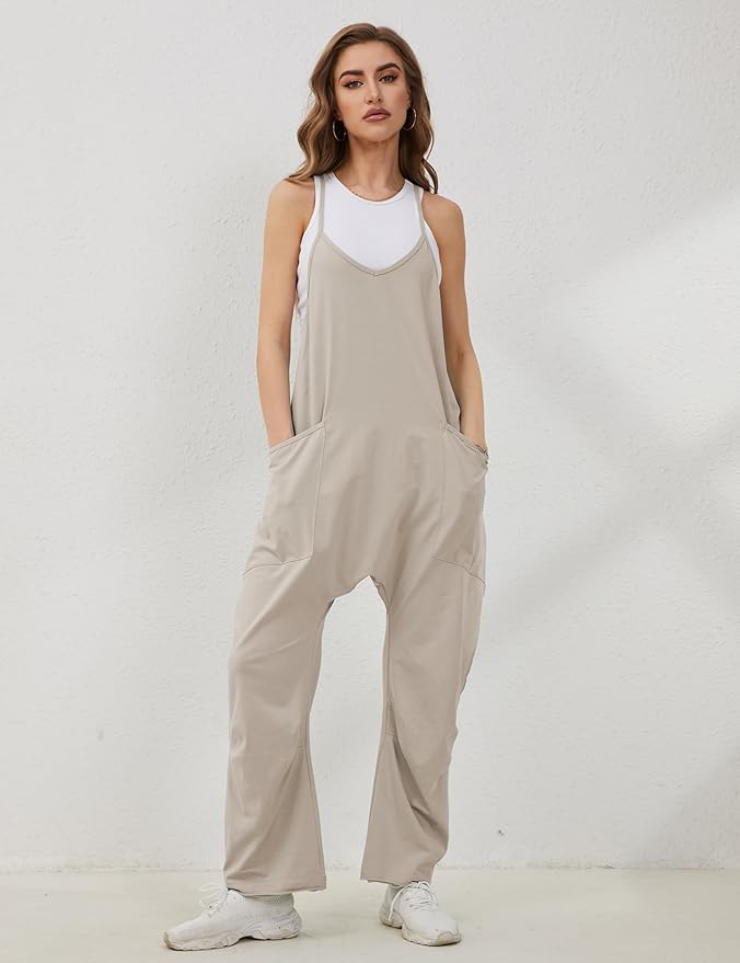 Lentta Women's Causal Jumpsuits V Neck Sleeveless Harem Overalls Stretchy Adjustable Strap Romper with Pockets