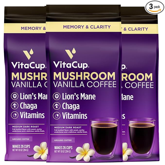 VitaCup Mushroom Coffee Grounds, Vanilla Flavored Coffee with Lions Mane, Chaga, B Vitamins, D3, Boost Focus, Immunity, Memory & Clarity, Medium Dark Roast, 100% Arabica Specialty, 3 bags, 10 oz each