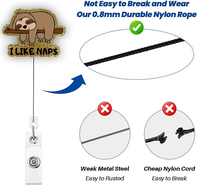I Like Naps Funny Sloth Badge Reel, Cute Healthcare Retractable ID Card Badge Holder, Name Tag Work Badge Clip for Sleep Center RN LPN CNA MA Night Shift Nurse Pacu Psychiatry Doctor, Nurse Gifts