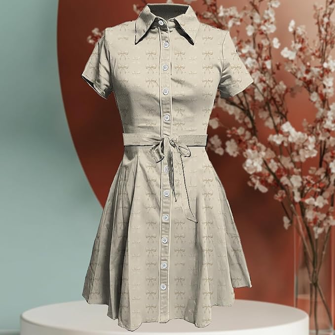 MARSVOVO Cute T Shirt Dress for Women Short Sleeve Button Up Tie Waist Elegant Casual Collared Smocked Midi Dress