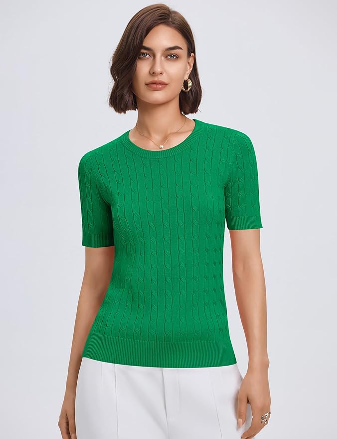 Micoson Womens Short Sleeve Cable Knit Sweater Tops Crewneck Lightweight Spring Summer Shirts Business Dressy Casual Outfits